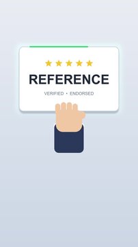 Animated hand selects reference sign with five star rating, business evaluation and feedback concept