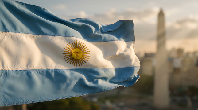 Argentine flag waving dramatically in front of the obelisco landmark in buenos aires