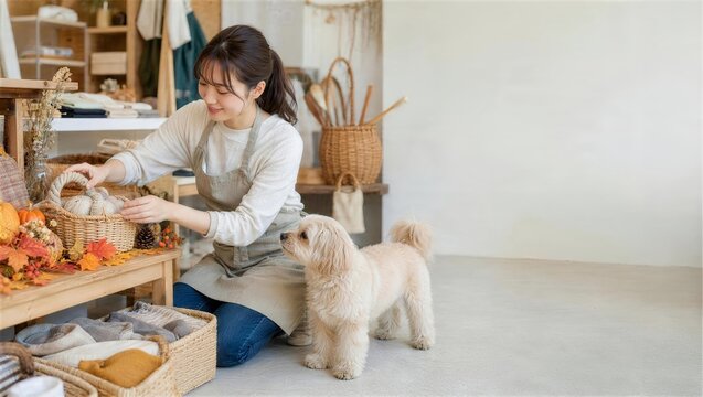 ペット用品店でハロウィン商品を整える女性と犬