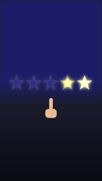 Hand selects one of five glowing stars on dark blue background, rating animation, customer feedback