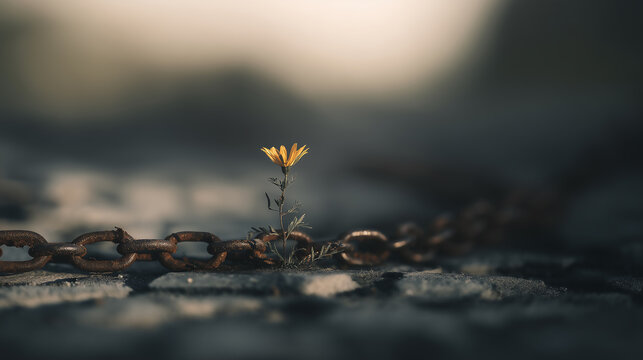 A single yellow flower blooming amidst rusty iron chains on a stone ground, symbolizing resilience, hope, and strength overcoming obstacles in life, conceptual fine art.