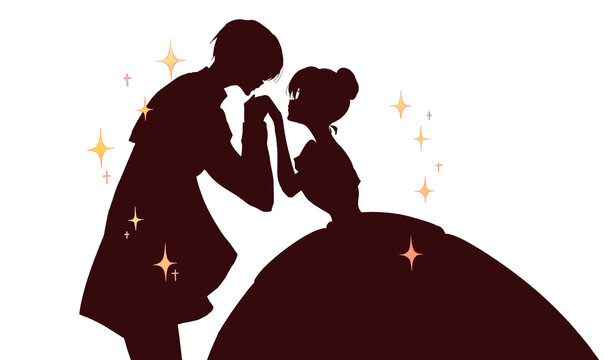 お姫様の手の甲にキスする王子様　マント　シルエット　キラキラ