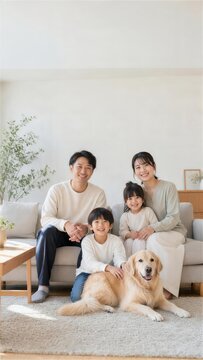 リビングで犬と過ごす家族