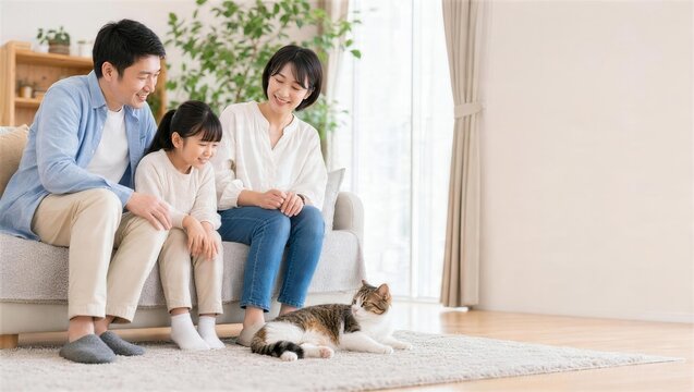 ソファで猫とくつろぐ家族
