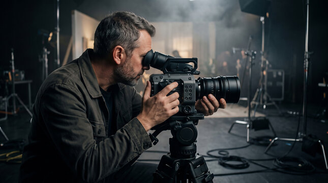 Professional cinematographer looking through the viewfinder of a heavy cinema camera