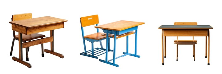 Fototapeta premium Wooden school study desks set isolated on transparent background