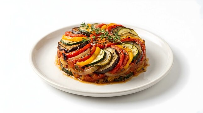 French ratatouille vegetable dish served on a white plate in studio