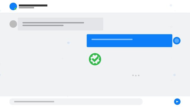 Abstract digital user interface mockup featuring messenger chat bubbles and a green verification checkmark symbol for modern communication software display
