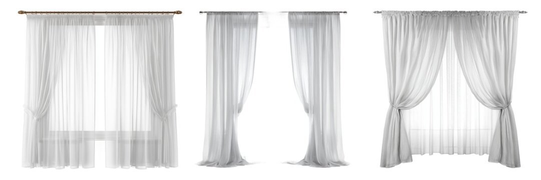 White sheer window curtains drapes set isolated on transparent background