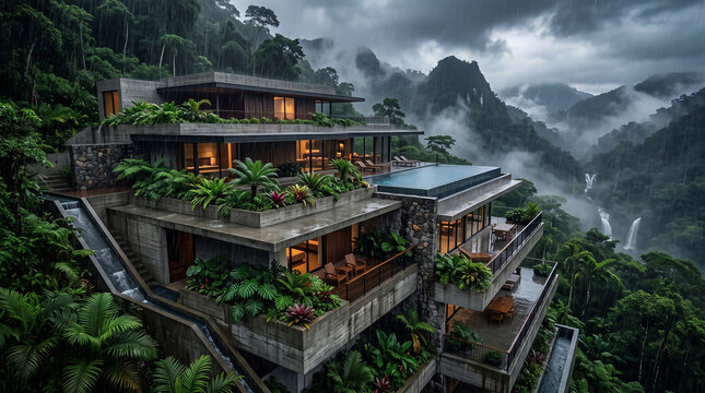 Luxury modern terraced villa with an infinity pool in a misty tropical rainforest