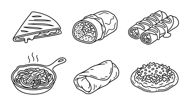 Mexican Food Line Art Vector Icon Set with Quesadilla Burrito Taquitos Sizzling Fajitas Skillet Enchilada and Tostada for Restaurant Menus and Coloring Pages