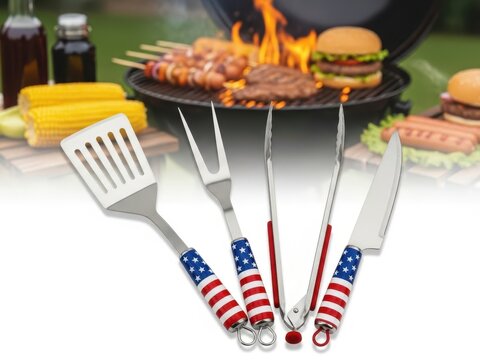 Set of American themed barbecue grilling tools on display