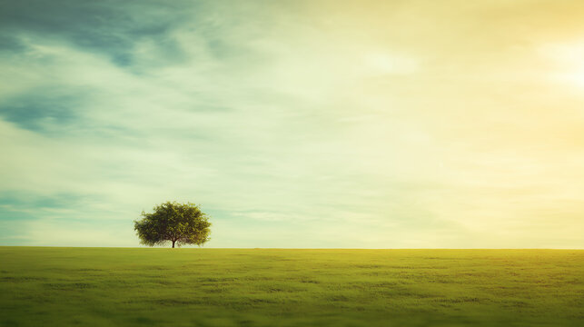 A serene landscape featuring a single tree in a vast field during sunset, bathed in warm, glowing light, evoking a sense of calm, peace, and reflection in nature.