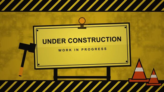 Grunge yellow background with under construction sign and traffic cones, motion animation footage