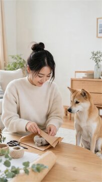 テーブルで犬用のハロウィンギフトを包む女性