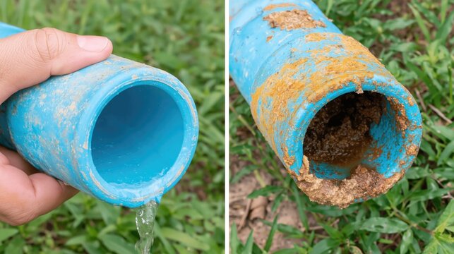 Water quality. Importance of having water treatment system in your household: plastic tube with clear flow area and contaminated with sludge pipe