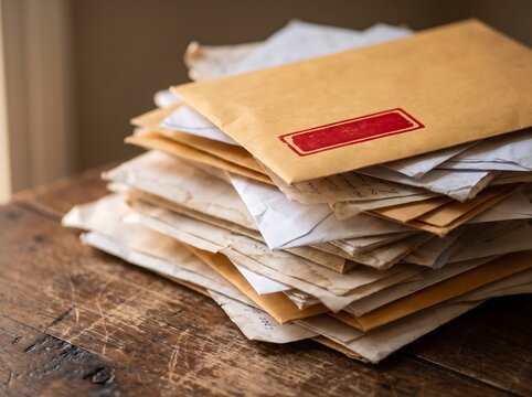 Vintage stack of old letters and manila envelopes on rustic wood table, antique correspondence with aged paper and red stamp, nostalgic pile of mail for historical storytelling and memory