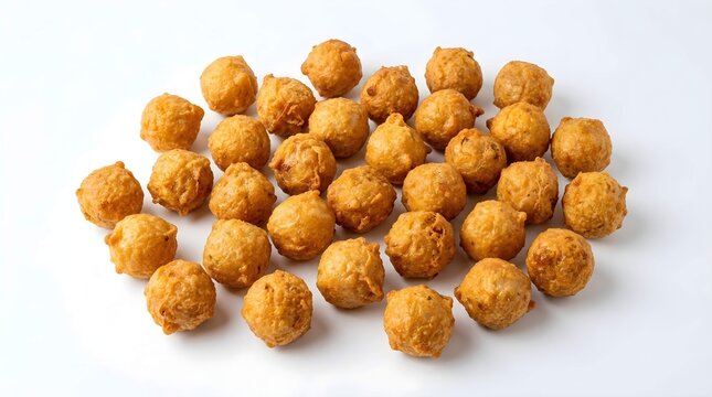 Fried fish balls arranged in a cluster on a plain white background