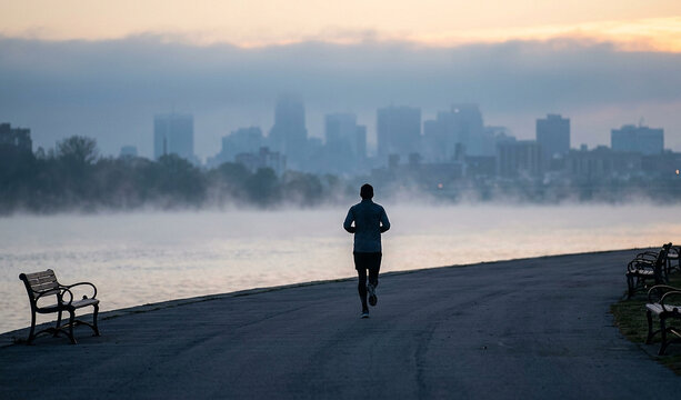 Lone runner on a misty riverside path at dawn with a city skyline in the distance
