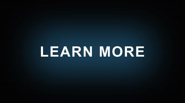 Learn more text with digital glitch effect animation on dark background, informational call to action