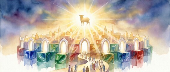 Fototapeta premium Lamb of God shining above the New Jerusalem. Religious illustration depicting the heavenly city, streets of gold and gates of pearl based on the book of Revelation prophecy. Banner with copy space