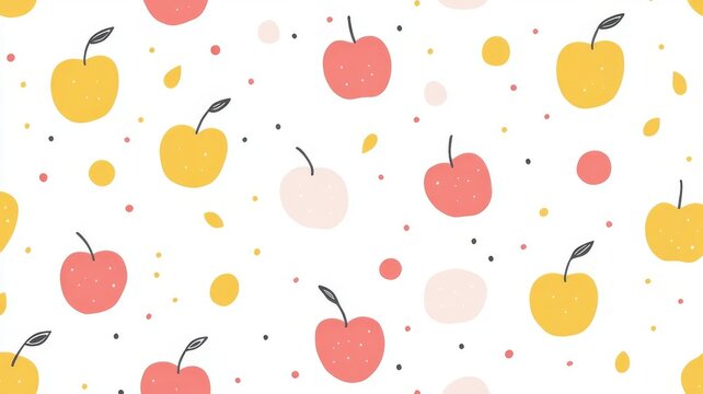 Seamless pattern design with cute hand drawn apples and dots for textile fabric packaging backgrounds and decorative wallpaper print.