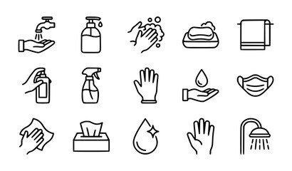 Obraz premium Hand Soap and Disinfection Hygiene Minimal Line Icons