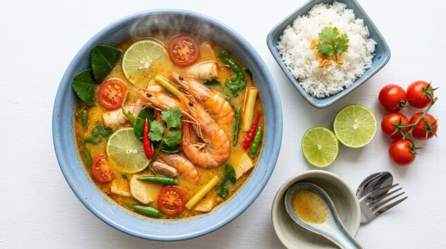 Top view of tom yum soup with shrimp, lime, and tomatoes served with a bowl of steamed white rice