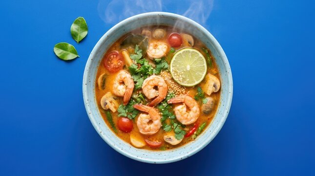 Top view of a bowl of tom yum soup with shrimp, mushrooms, tomatoes, and lime on a vibrant blue background