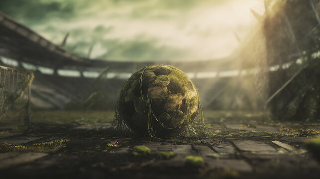 A decayed soccer ball entangled in thick vines and moss inside a dilapidated, abandoned stadium, reflecting the quiet beauty of nature taking back a place of competition.