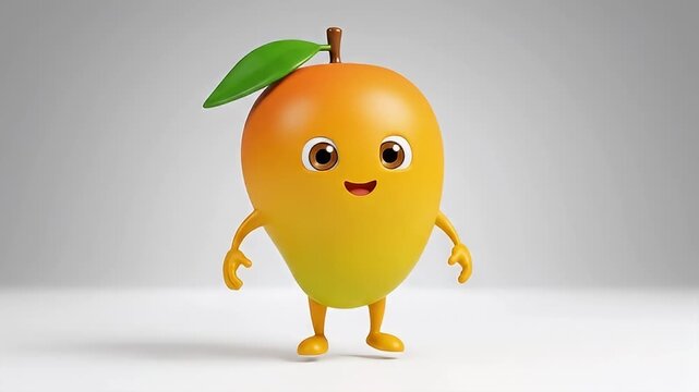 Cute 3d animated mango character walking and smiling on white background