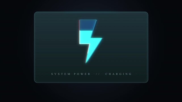 Animation of a lightning bolt icon with glitch effect on an old screen display, energetic, digital, abstract, blue and cyan