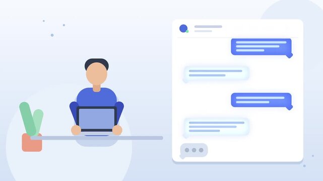 Animated man with laptop, digital chat messages, communication concept, flat design motion graphic