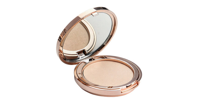 Open luxury metal makeup compact powder case with mirror and cosmetic foundation isolated on transparent background