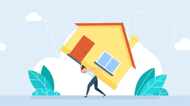 Businesswoman shoulders the burden of the house and all the housework. Debt, loan, house rent. Woman paying bills monthly house expense. Woman with payment schedule pay money. 2D flat animation