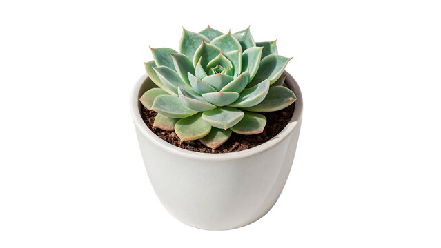 Small green succulent plant growing in minimalistic white ceramic flowerpot isolated on transparent background
