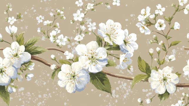 Elegant white cherry blossom floral seamless pattern on soft beige background for spring textile fabric wallpaper design elements.
