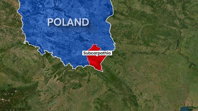 Animated map highlights the Subcarpathia region within Poland's borders