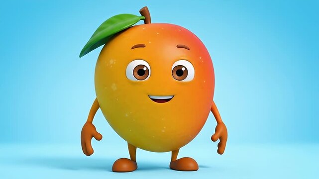 Happy 3d mango character waving and smiling on a blue background