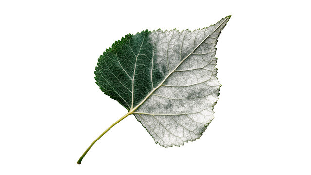 Single natural green tree leaf partially covered in frosty white snow isolated on transparent background