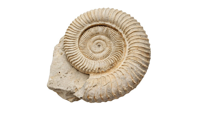 Ancient spiral ammonite fossil shell with highly detailed historical stone texture isolated on transparent background