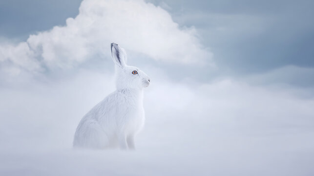 A white Arctic hare sitting alert in a vast, foggy winter landscape with dramatic clouds, symbolizing resilience, purity, and the quiet, mysterious beauty of nature in cold climates.