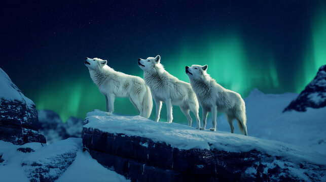 Three majestic white arctic wolves standing on a snow-covered cliff, howling towards the vibrant green northern lights in a surreal and mystical night sky winter scene.