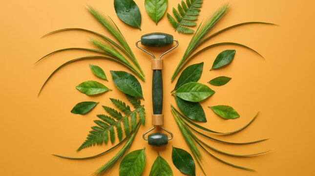 Jade facial roller surrounded by various green leaves and ferns on an orange background