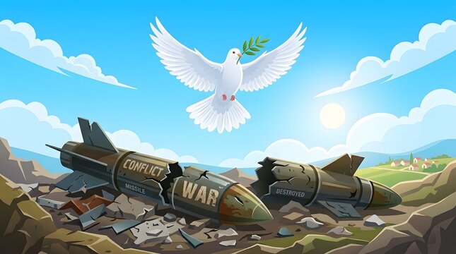 Dove flying over crashed military plane in nature
