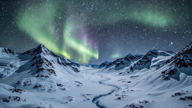 Majestic Aurora Borealis dances over snow-covered mountains and frozen river under a starry night sky