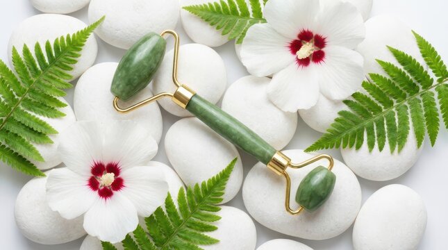 Jade facial roller with white flowers and green fern leaves isolated on white background