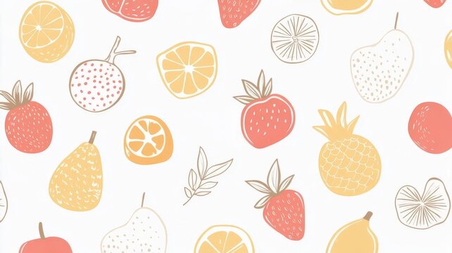 Seamless fruit pattern with hand drawn strawberry lemon pineapple pear elements for tropical summer decorative wallpapers and textile designs.