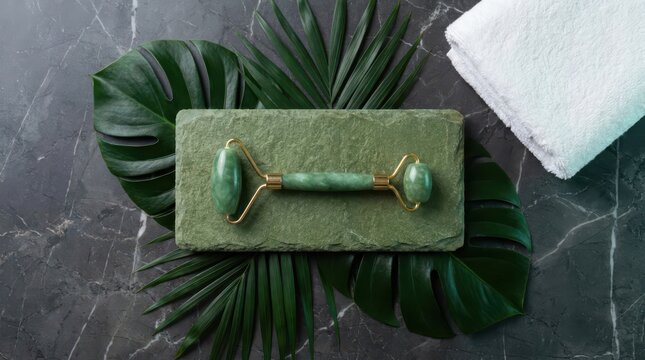 Jade roller for facial massage on green stone slab with tropical leaves and white towel on dark marble background spa and skincare concept