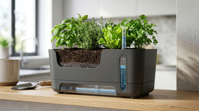 Small indoor herb garden planter featuring self watering wicking system with clear water level indicator for kitchen countertop growth.